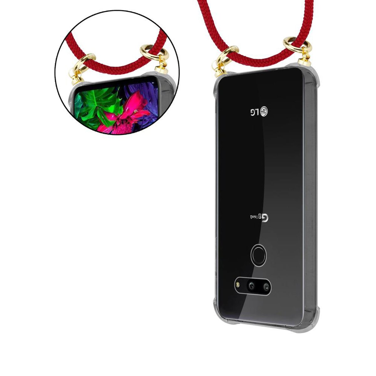 Ein Telefon mit durchsichtiger Hülle und rotem Band, mit floralem Hintergrund.