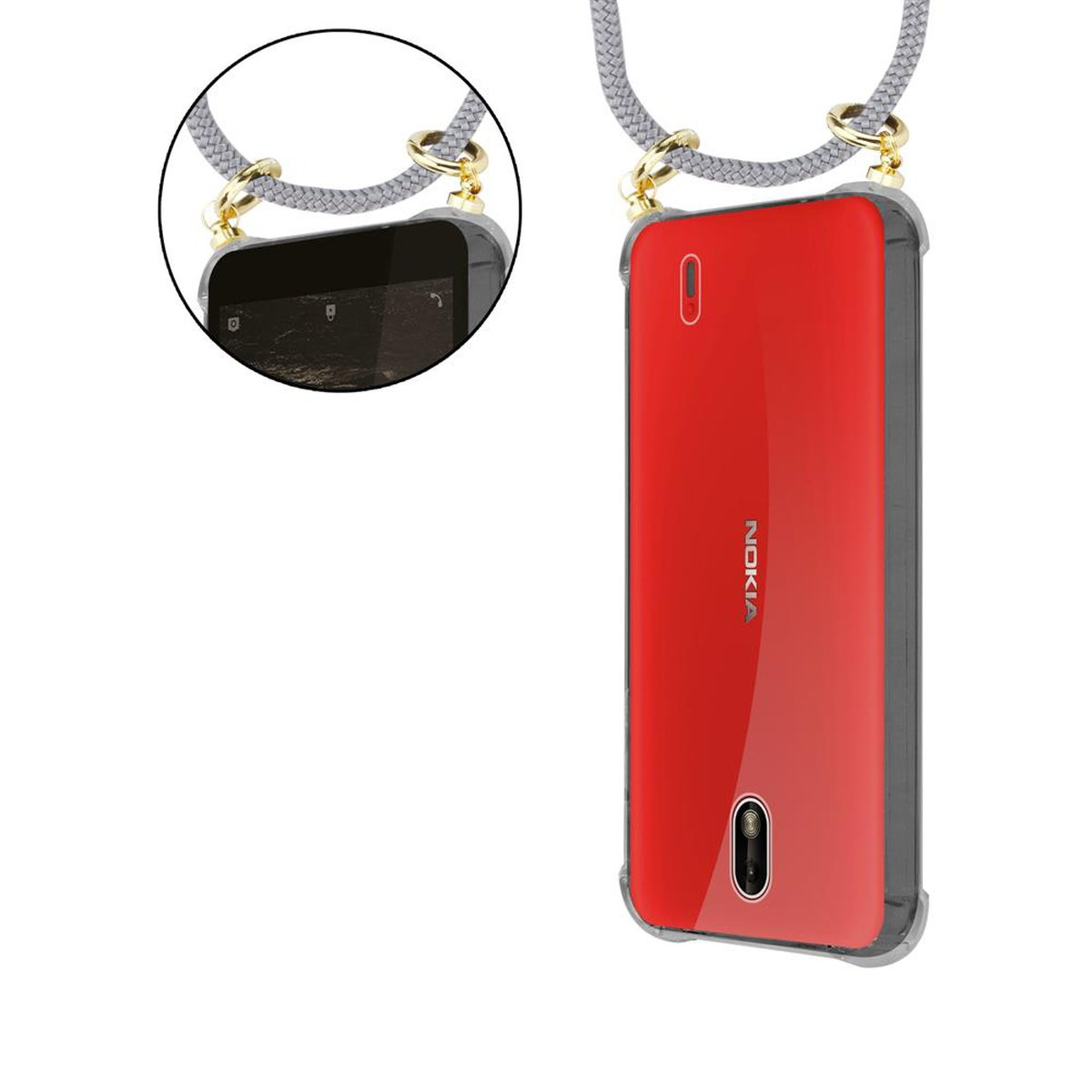 CADORABO Handy Kette 1 Hülle, abnehmbarer Kordel mit Nokia, Gold Backcover, 2018, SILBER Band Ringen, und GRAU
