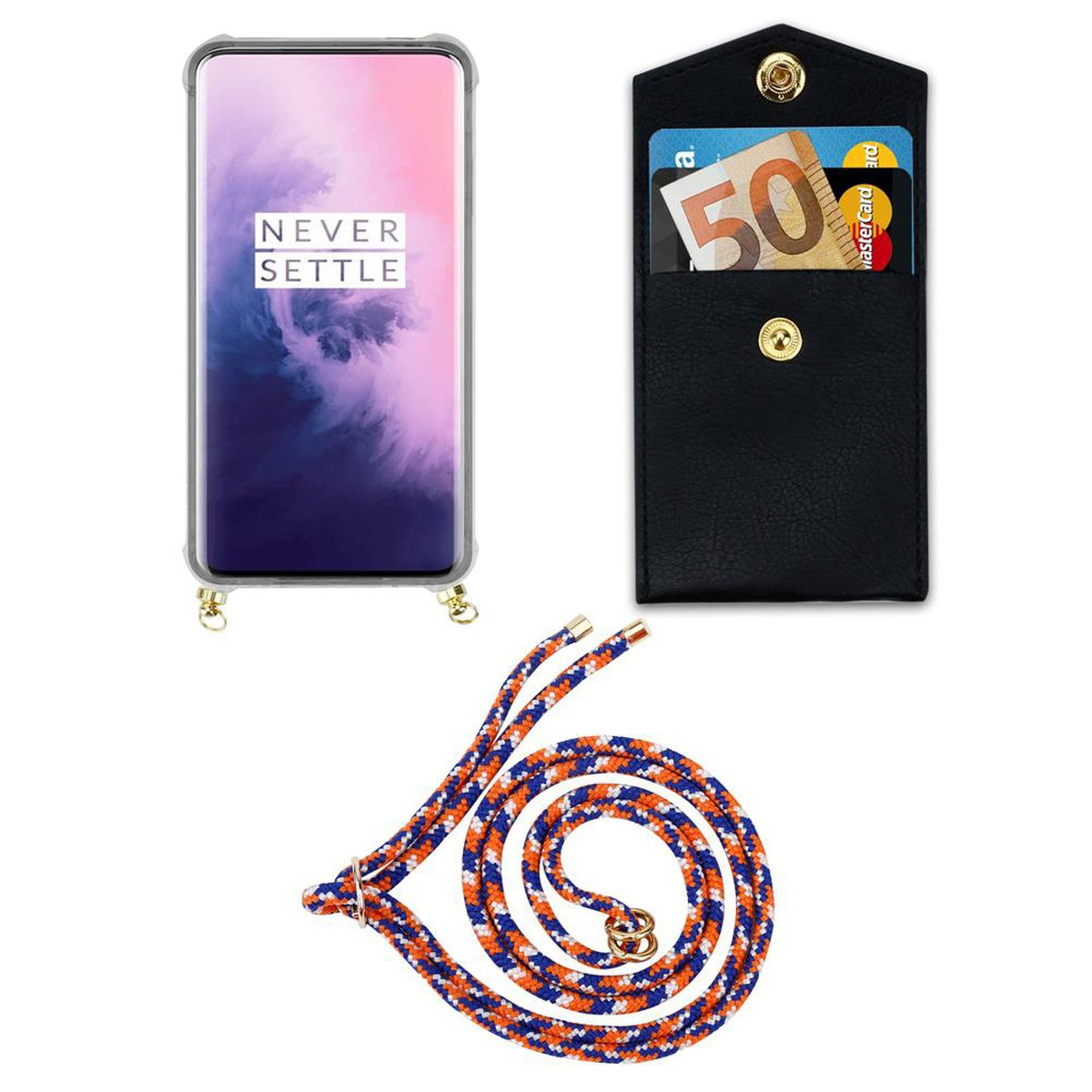 Band OnePlus, Backcover, Kette WEIß Handy mit BLAU Hülle, Ringen, Gold ORANGE CADORABO 7 Kordel und abnehmbarer PRO,