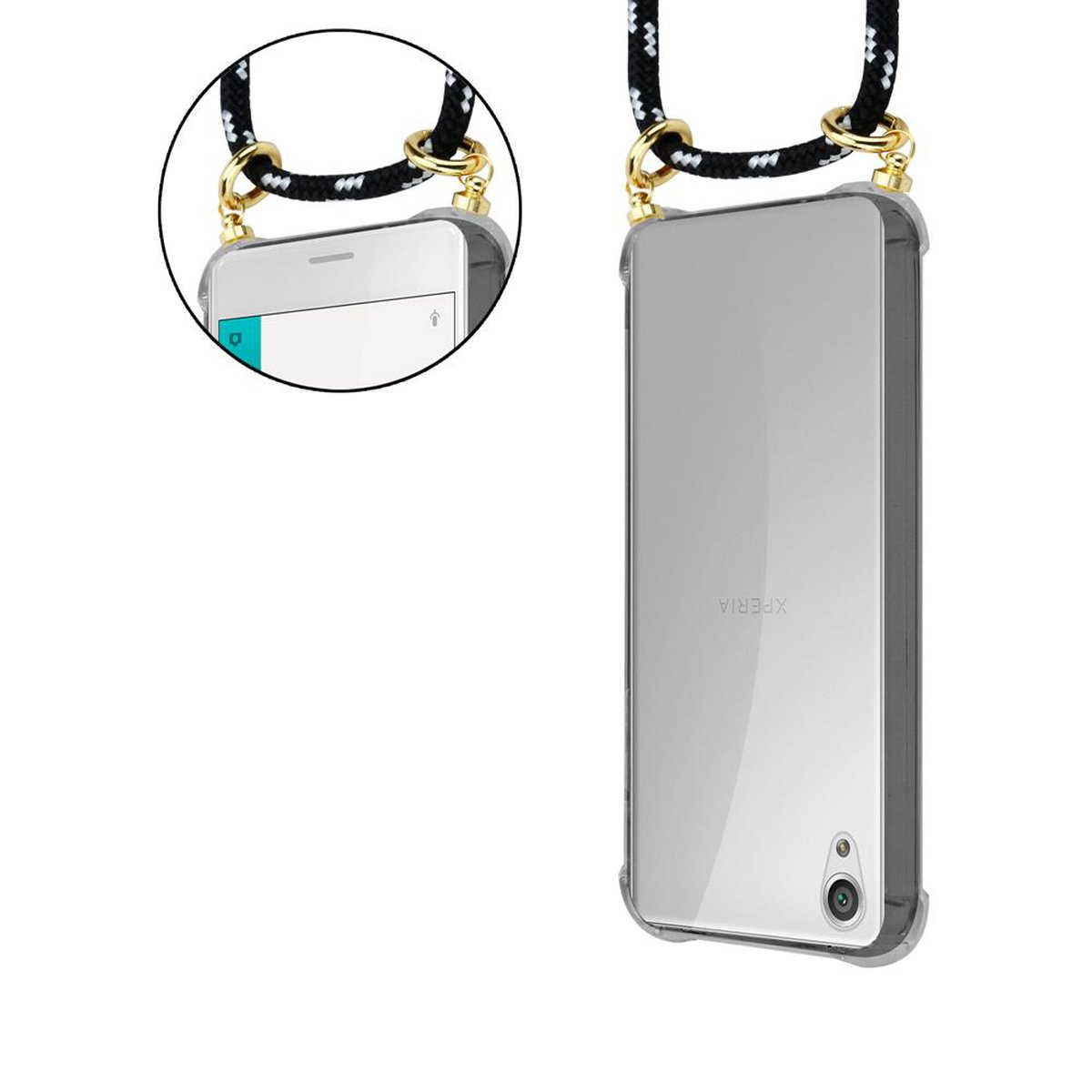 Telefon mit transparenter Hülle und schwarz-weißem Handyband im Seil-Stil, der Bildschirm ist an.