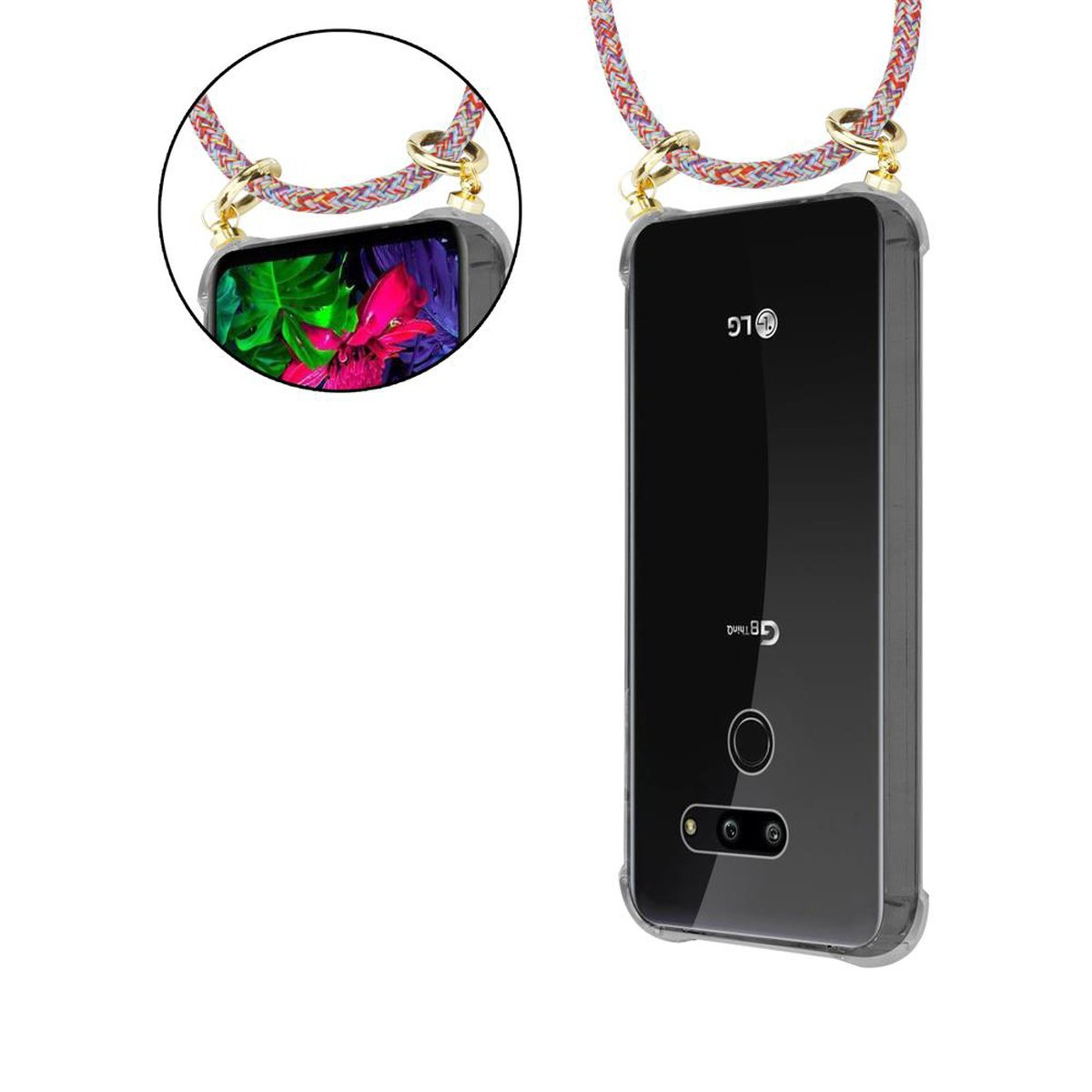 Ein Telefon in einer transparenten Hülle mit Umhängeband. Das Telefon ist ein LG-Modell mit einem farbenfrohen Bildschirm.