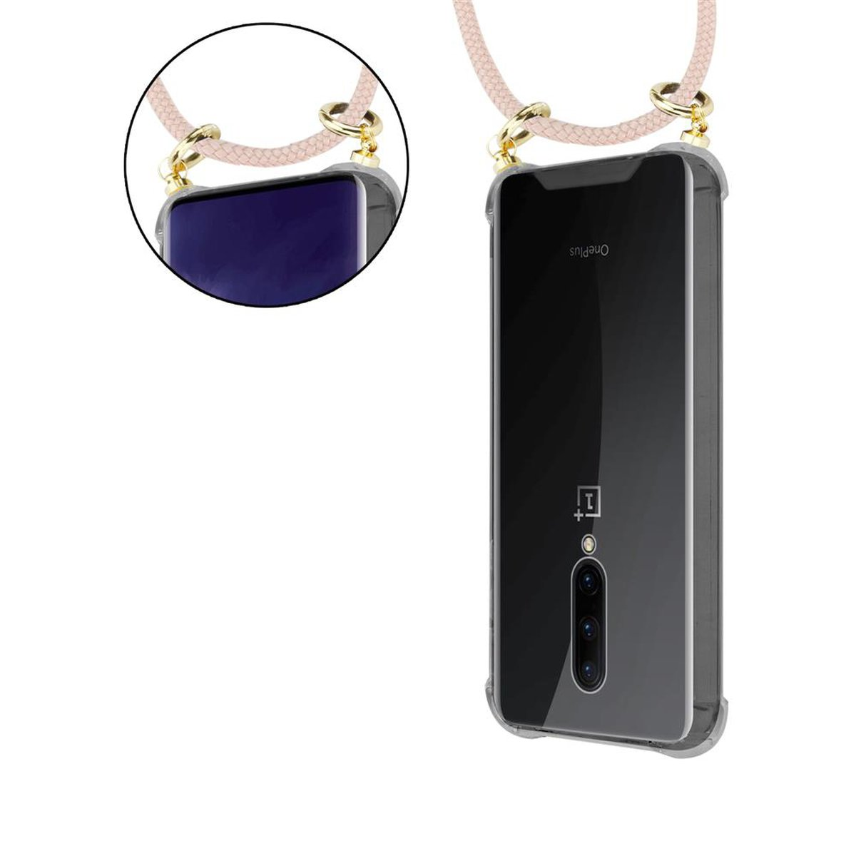 CADORABO Handy Kette mit OnePlus, 7 Gold PRO, Backcover, abnehmbarer Hülle, und Band ROSÉGOLD Ringen, PERLIG Kordel