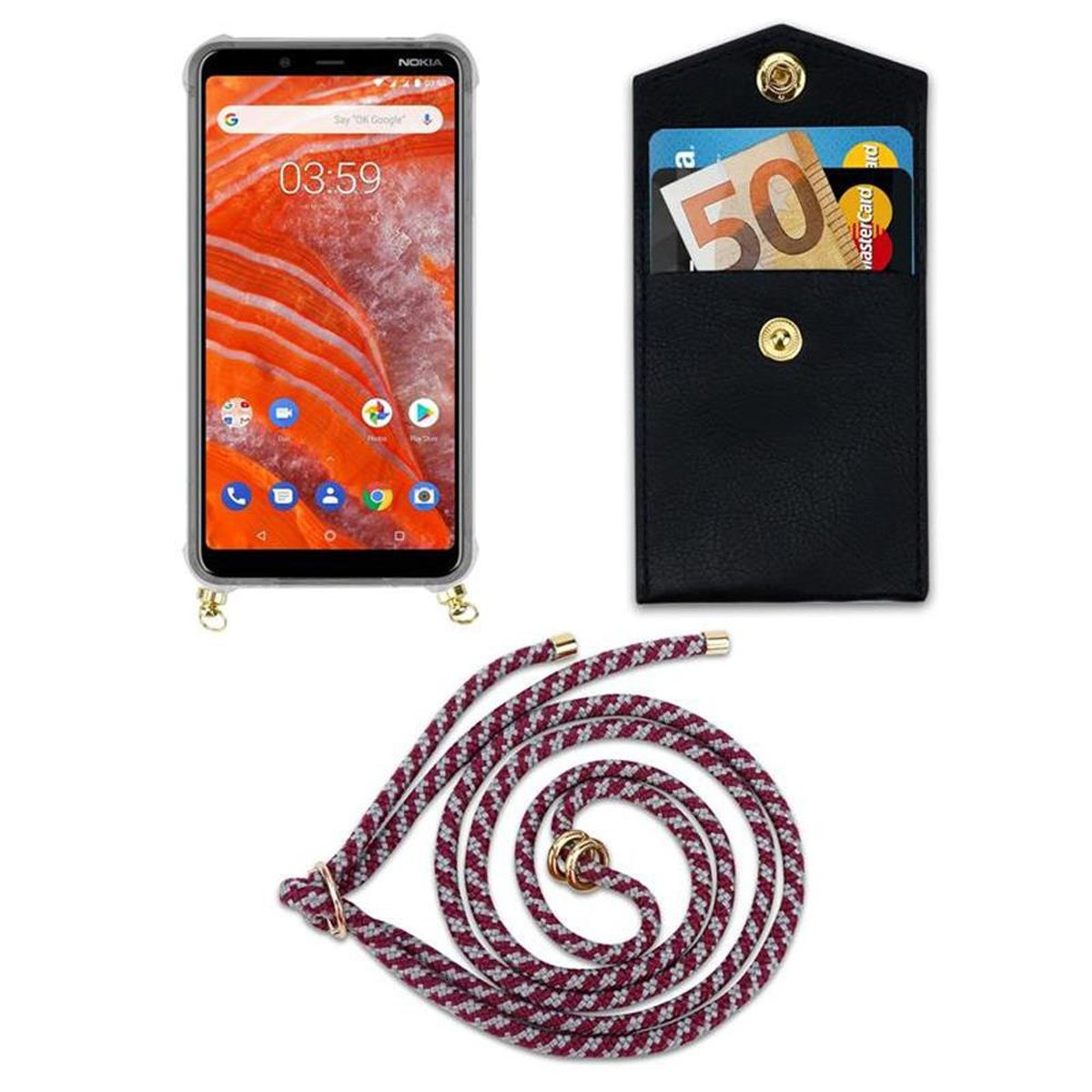 PLUS, Handy 3.1 Nokia, Hülle, Backcover, CADORABO ROT Ringen, mit abnehmbarer WEIß Kette und Kordel Band Gold