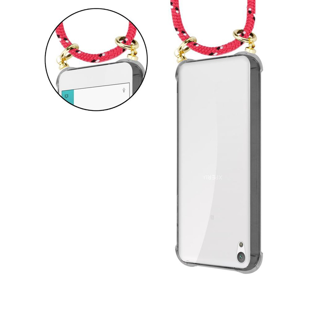 Zwei Telefone mit Hüllen und Lanyards. Eines zeigt die Vorder-, das andere die Rückseite.