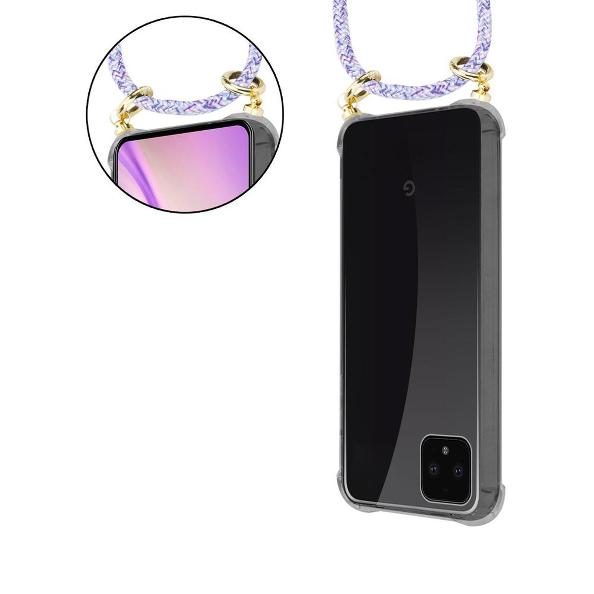 Handyhülle mit Lanyard. Telefon sichtbar. Transparente Hülle mit lila-weißem Lanyard.
