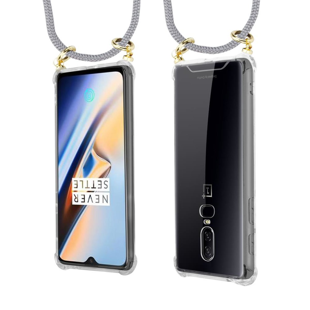 CADORABO Handy Ringen, OnePlus, und SILBER Kordel abnehmbarer 6, Kette GRAU Gold Backcover, mit Band Hülle
