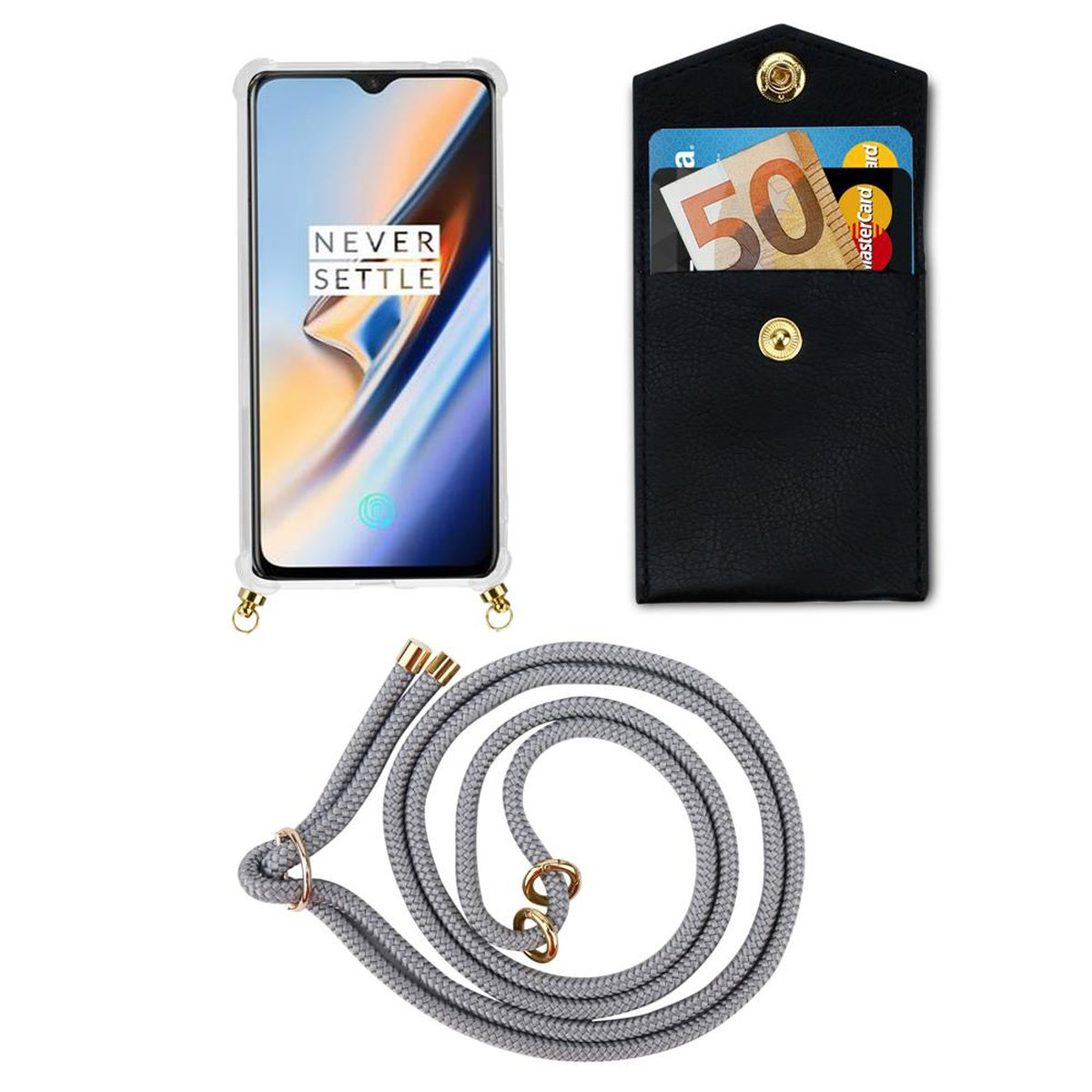 Gold Handy 6, Band OnePlus, mit Backcover, Kette abnehmbarer GRAU Hülle, Kordel CADORABO und Ringen, SILBER