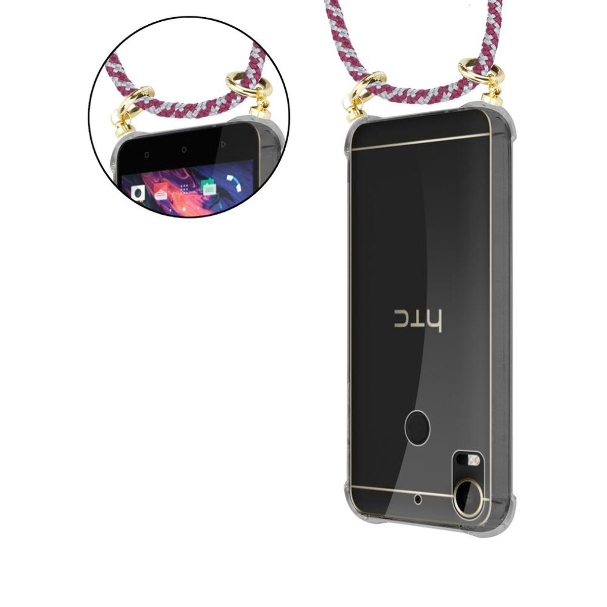 CADORABO Handy Kette mit Gold Ringen, PRO, Backcover, WEIß Hülle, Desire Band HTC, und ROT abnehmbarer 10 Kordel