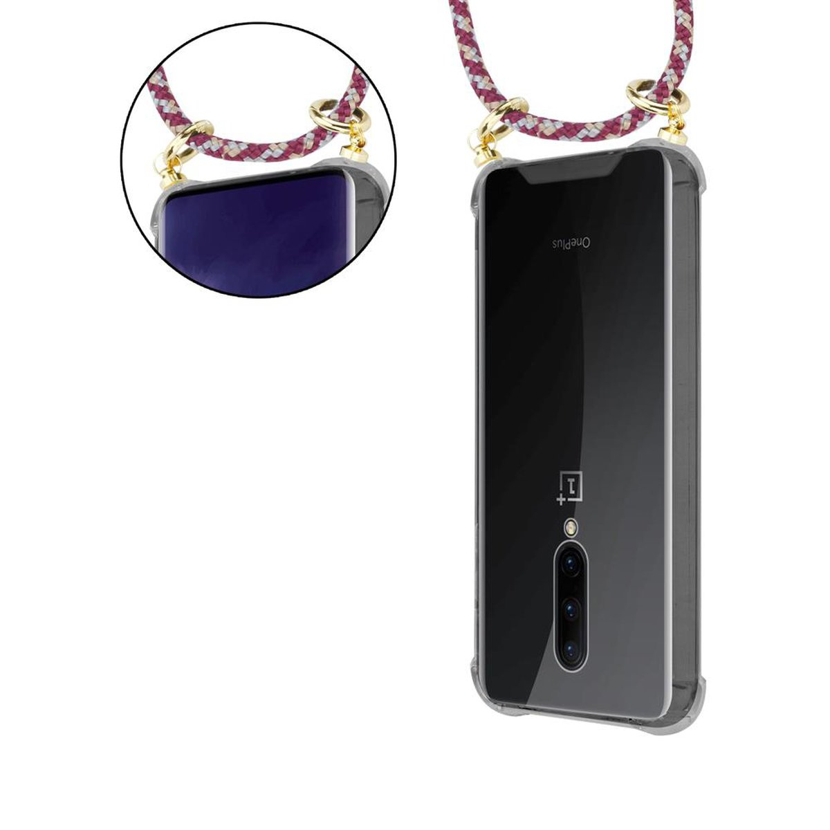 Handy und Kette OnePlus, mit Kordel Band WEIß 7 Gold Ringen, CADORABO abnehmbarer ROT Hülle, GELB Backcover, PRO,