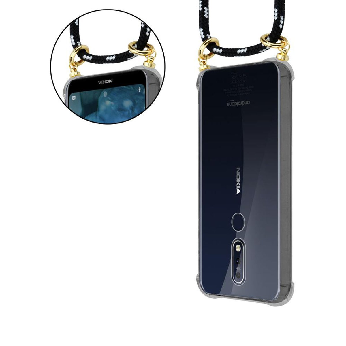 Nokia-Telefon mit Lanyard. Das Telefon befindet sich in einer transparenten Hülle.