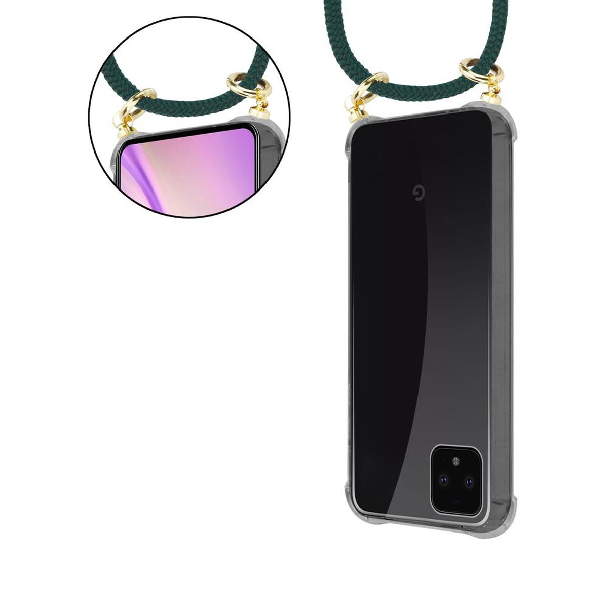 Transparente Handyhülle mit grünem Schlüsselband und Telefon. Das Telefon hat ein G-Logo.