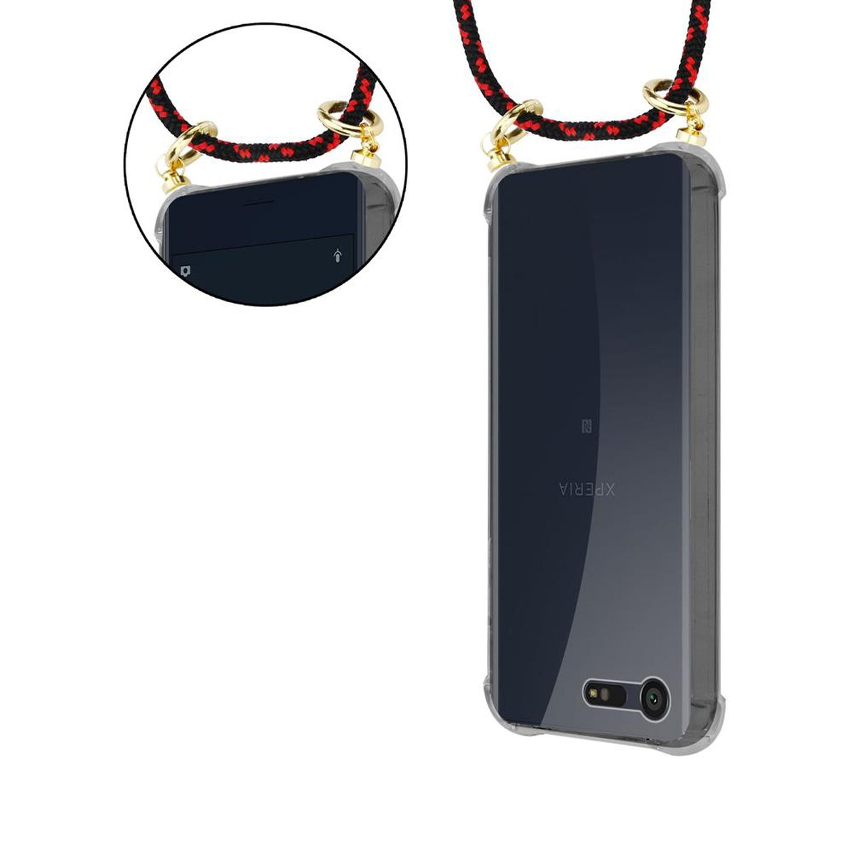 Teléfono en funda transparente con cuerda roja y negra. El teléfono tiene la pantalla encendida. Se ve el logo Xperia.