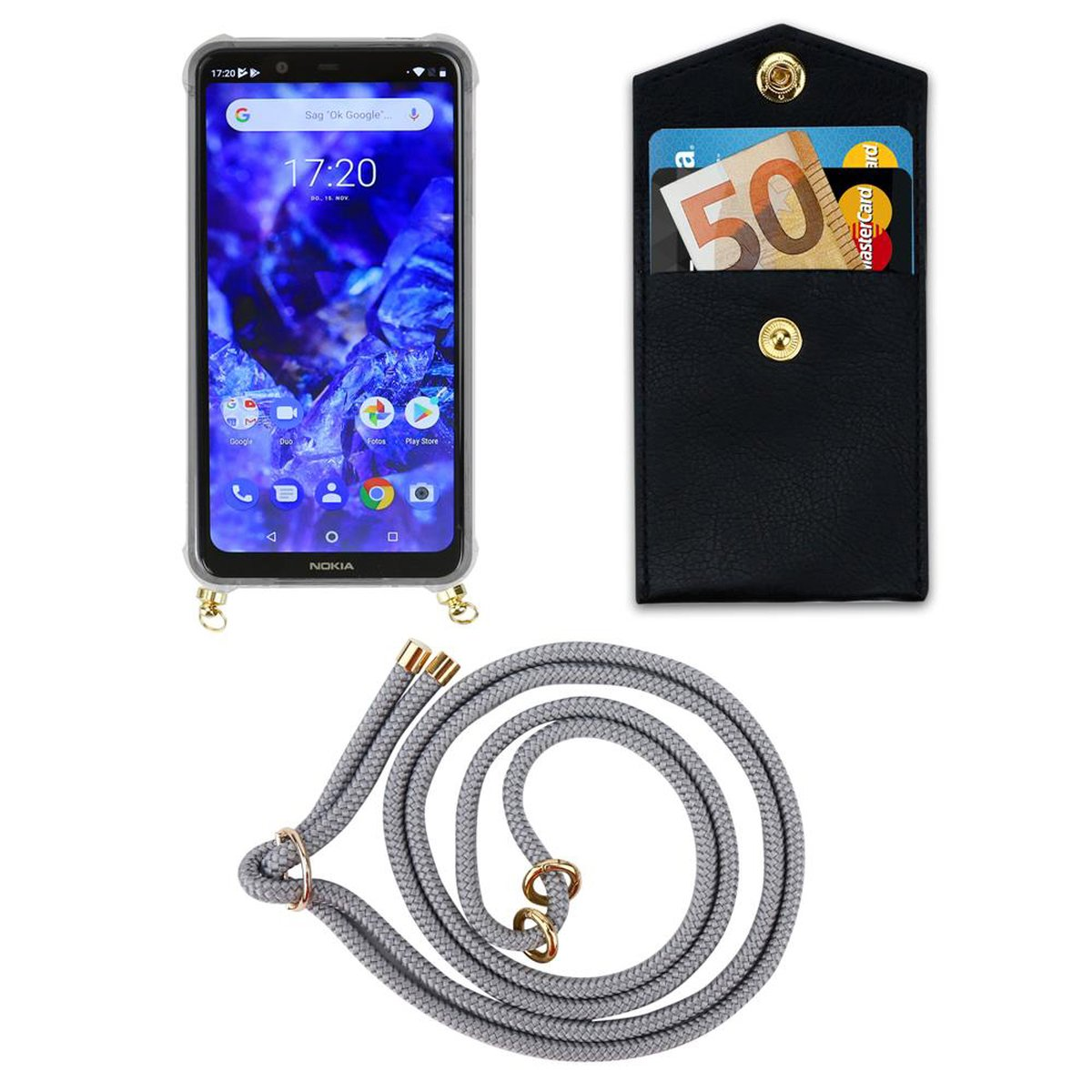 Kette Hülle, Backcover, Handy Band Ringen, X5, 5.1 PLUS Gold Nokia, und Kordel abnehmbarer GRAU / mit SILBER CADORABO