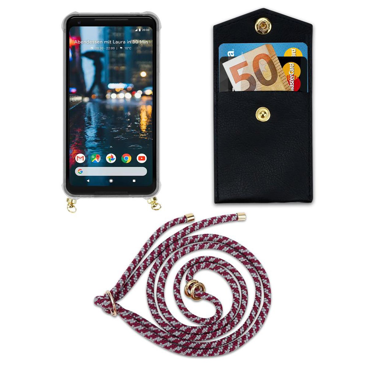 CADORABO Handy Kette Gold Backcover, mit XL, PIXEL WEIß 2 Kordel Band Ringen, und ROT Google, abnehmbarer Hülle