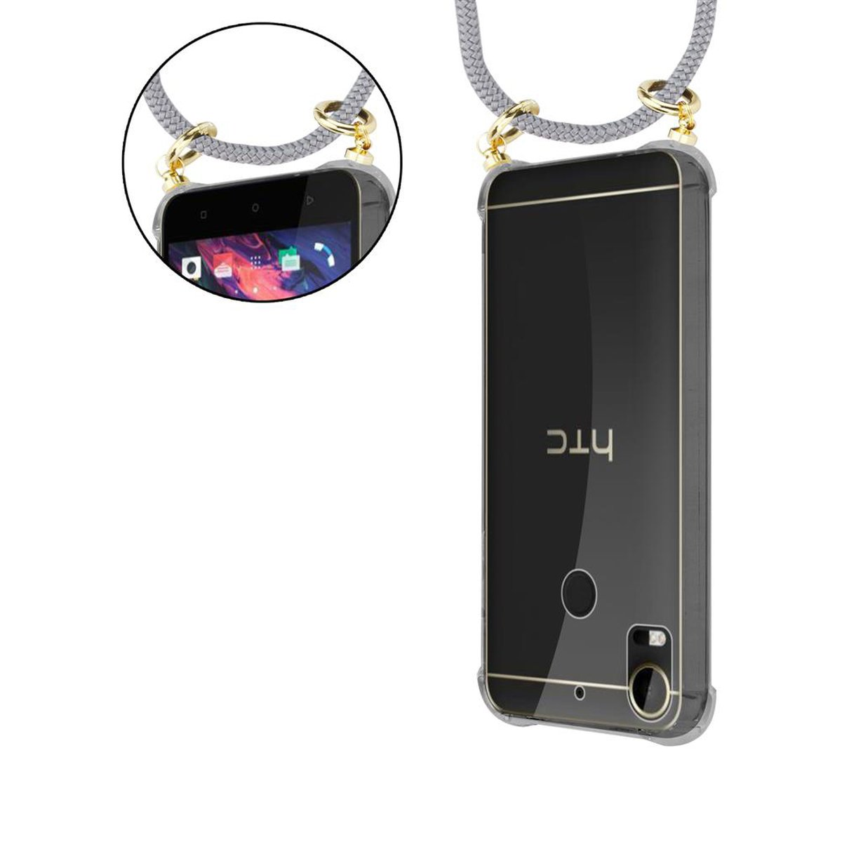 CADORABO Handy Kette mit abnehmbarer Ringen, SILBER Kordel HTC, GRAU Desire Gold Backcover, Band Hülle, PRO, 10 und