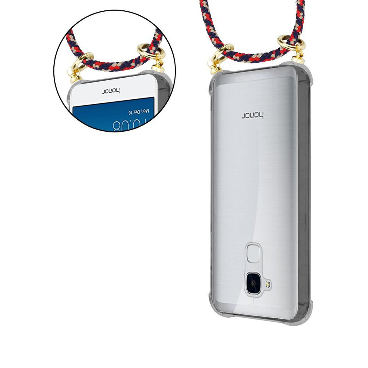 Zwei Telefone in Hüllen mit Lanyards. Eins zeigt Bildschirm, das andere Rückseite. Rot/blaue Kordeln.