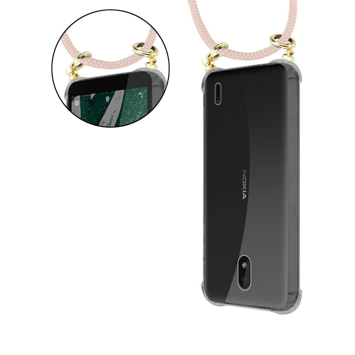 CADORABO Handy Kette mit ROSÉGOLD Ringen, Nokia, 1 Kordel und abnehmbarer PERLIG Hülle, PLUS, Backcover, Band Gold