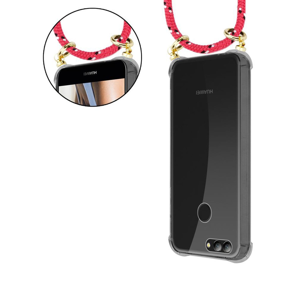 Telefono Huawei in custodia con cordino. Corda rossa, anelli dorati. Custodia trasparente. Sfondo bianco.