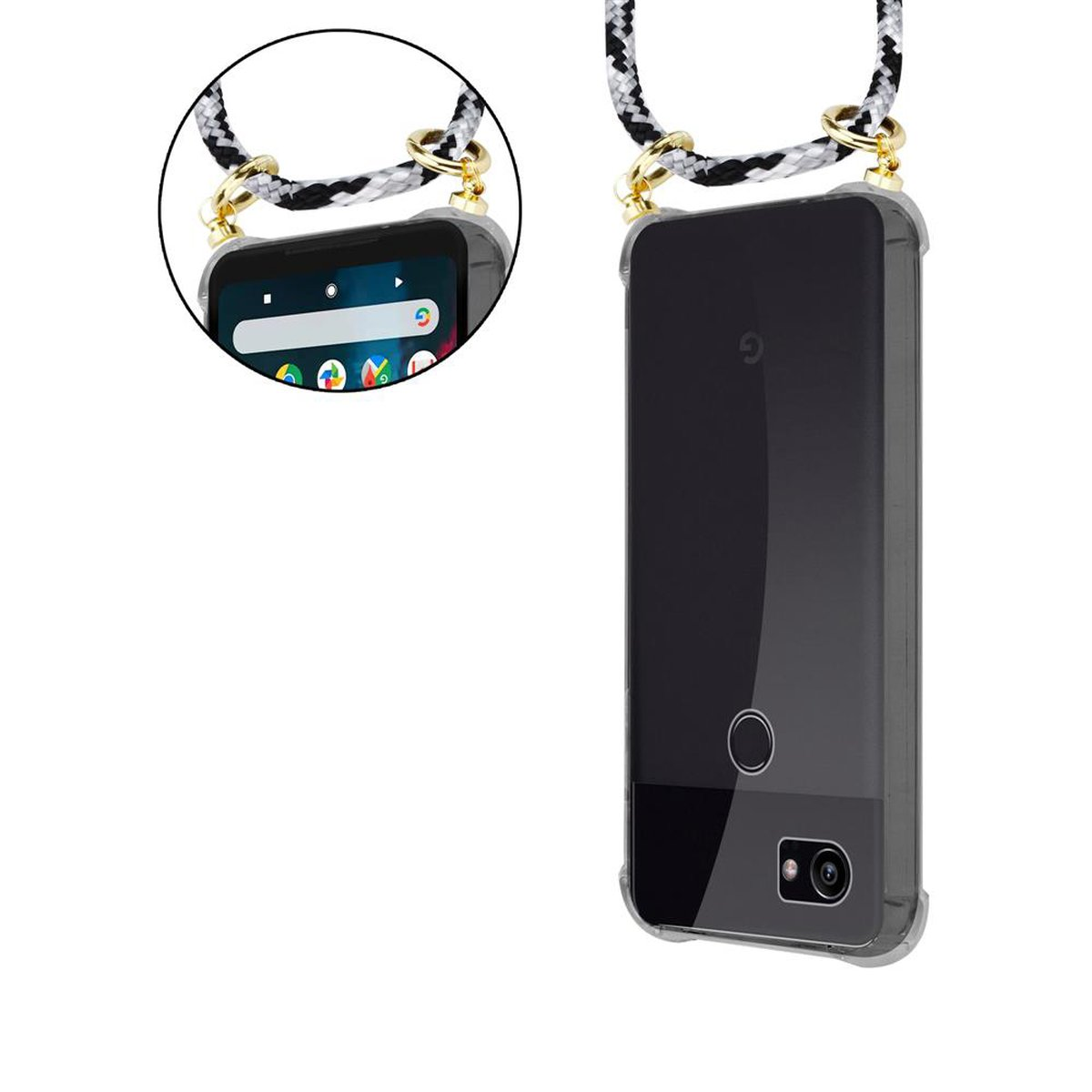 CADORABO Handy Kette Backcover, CAMOUFLAGE Kordel Google, Band PIXEL abnehmbarer SCHWARZ 2, mit und Ringen, Gold Hülle