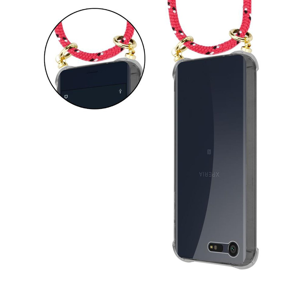 Funda de teléfono con un cordón rojo y blanco. El teléfono es negro con logo Xperia.