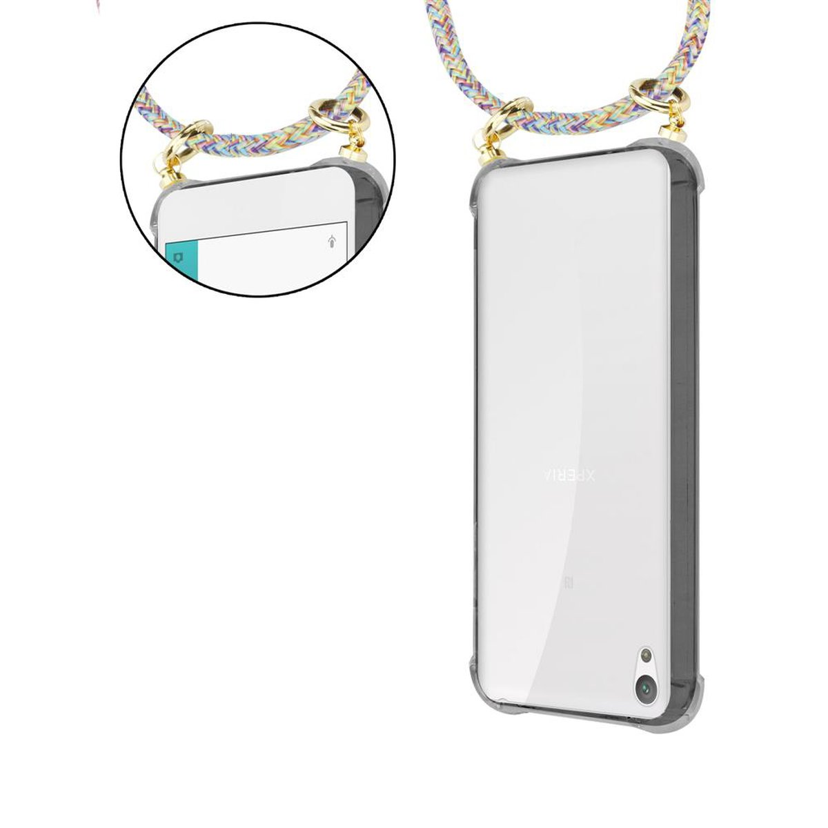 Zwei Handys mit Hüllen und Lanyards. Eines zeigt einen farbigen Bildschirm, das andere die Rückseite.