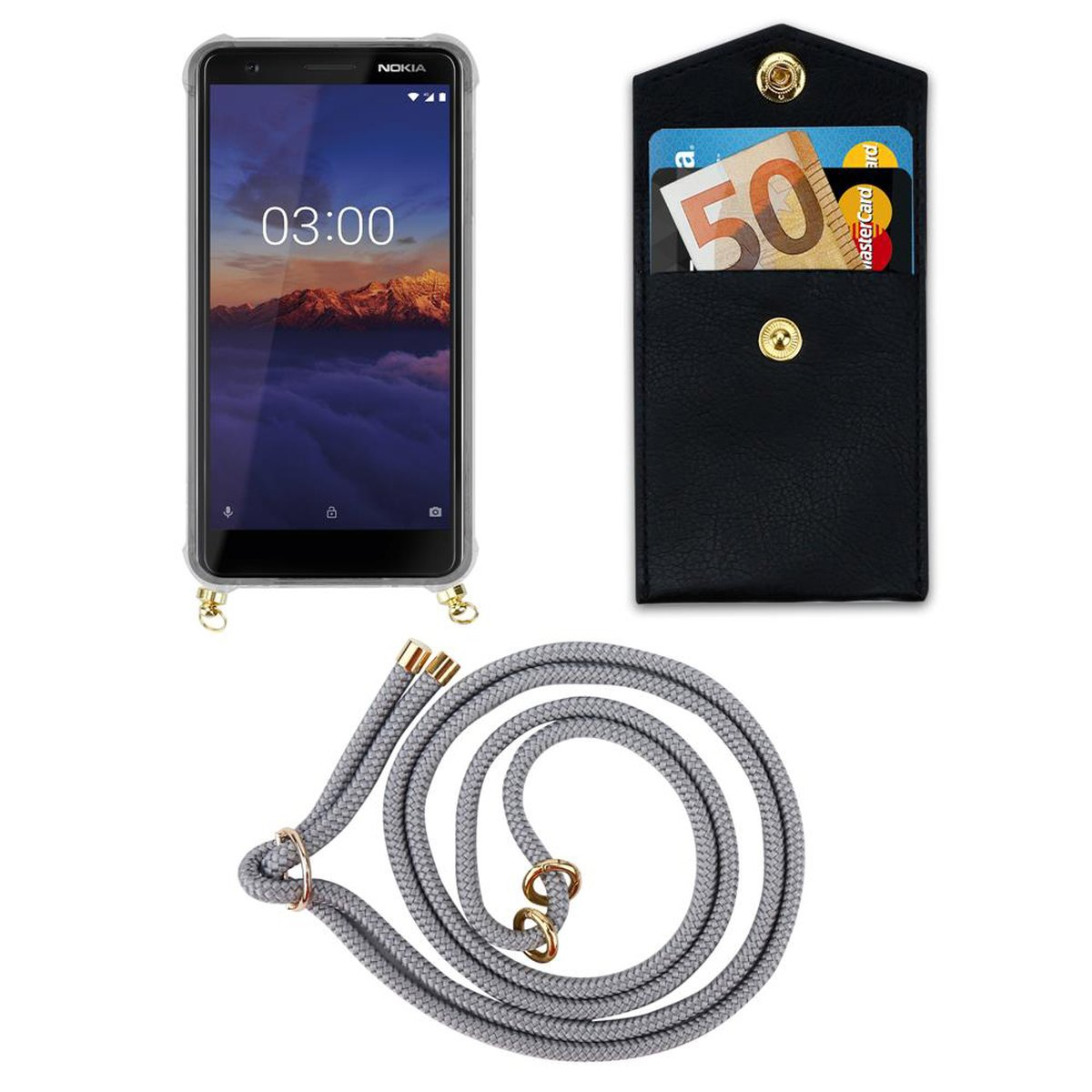 Kette Backcover, Handy abnehmbarer CADORABO GRAU 3.1, Hülle, Ringen, Kordel mit SILBER Nokia, und Band Gold
