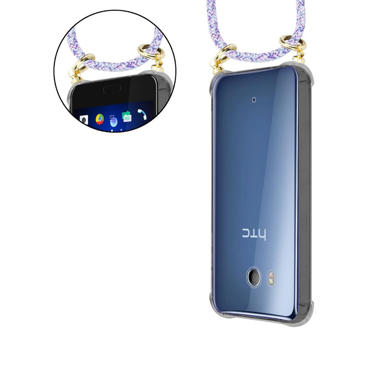 HTC-Telefon in einer transparenten Hülle mit Lanyard. Das Telefon hat einen blauen Farbton auf dem Bildschirm. Weißer Hintergrund.