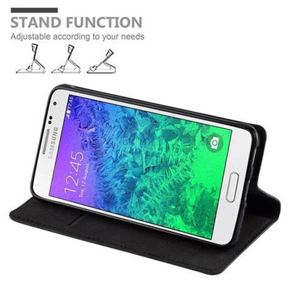 Funda de teléfono negra, abierta, con pantalla del teléfono mostrando la hora. Diagramas de función de soporte arriba a la izquierda.