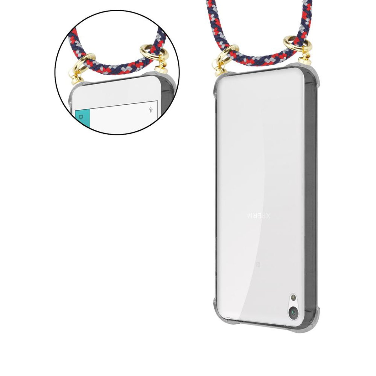 Zwei Handyhüllen mit Kordeln. Eine zeigt den Bildschirm. Die andere Seite zeigt ein XPERIA-Logo.
