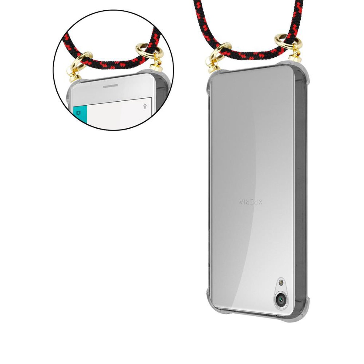 Telefon mit Hülle und Riemen. Riemen ist rot und schwarz.