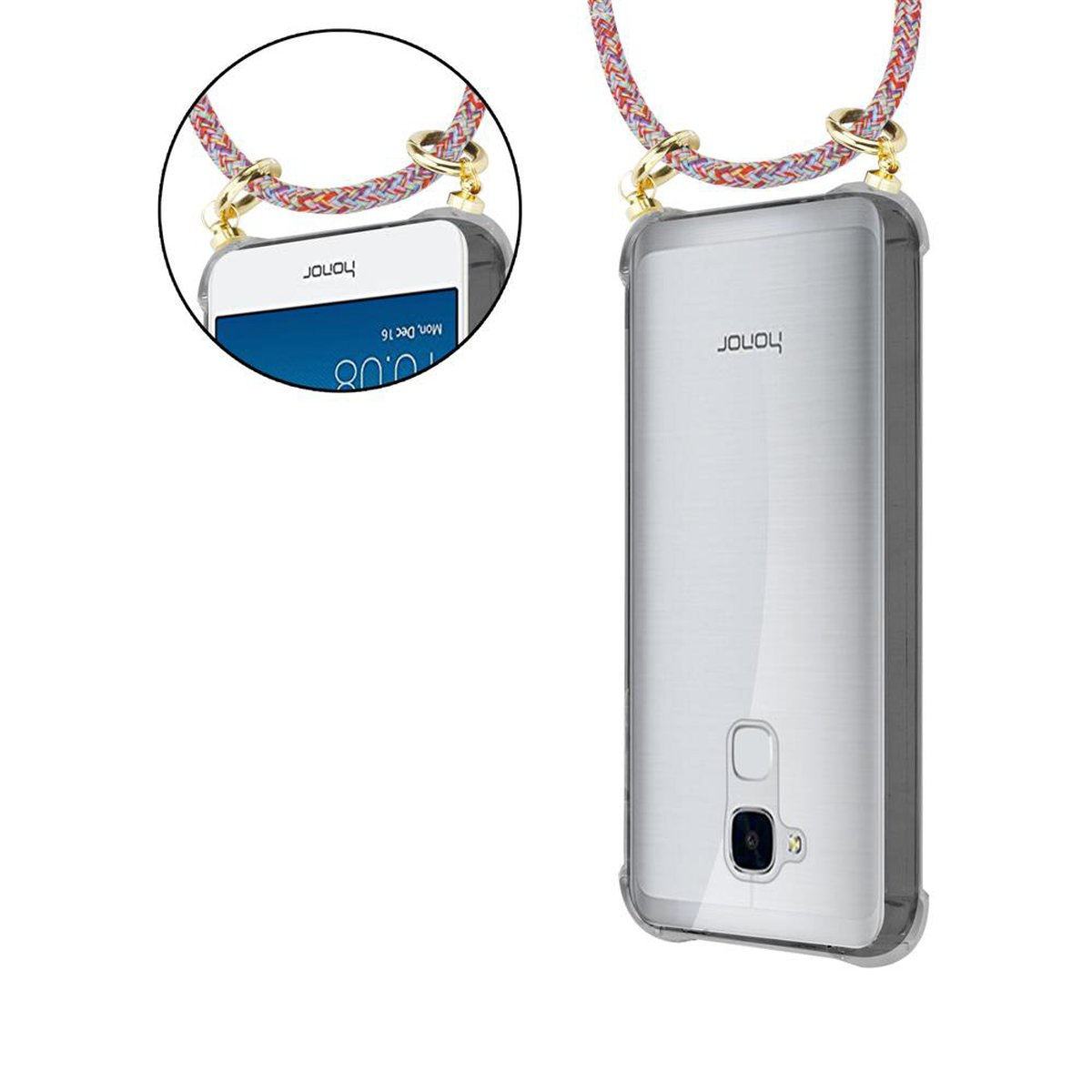 Zwei Telefone in Hüllen mit orangefarbenen, blauen und weißen Seilen.