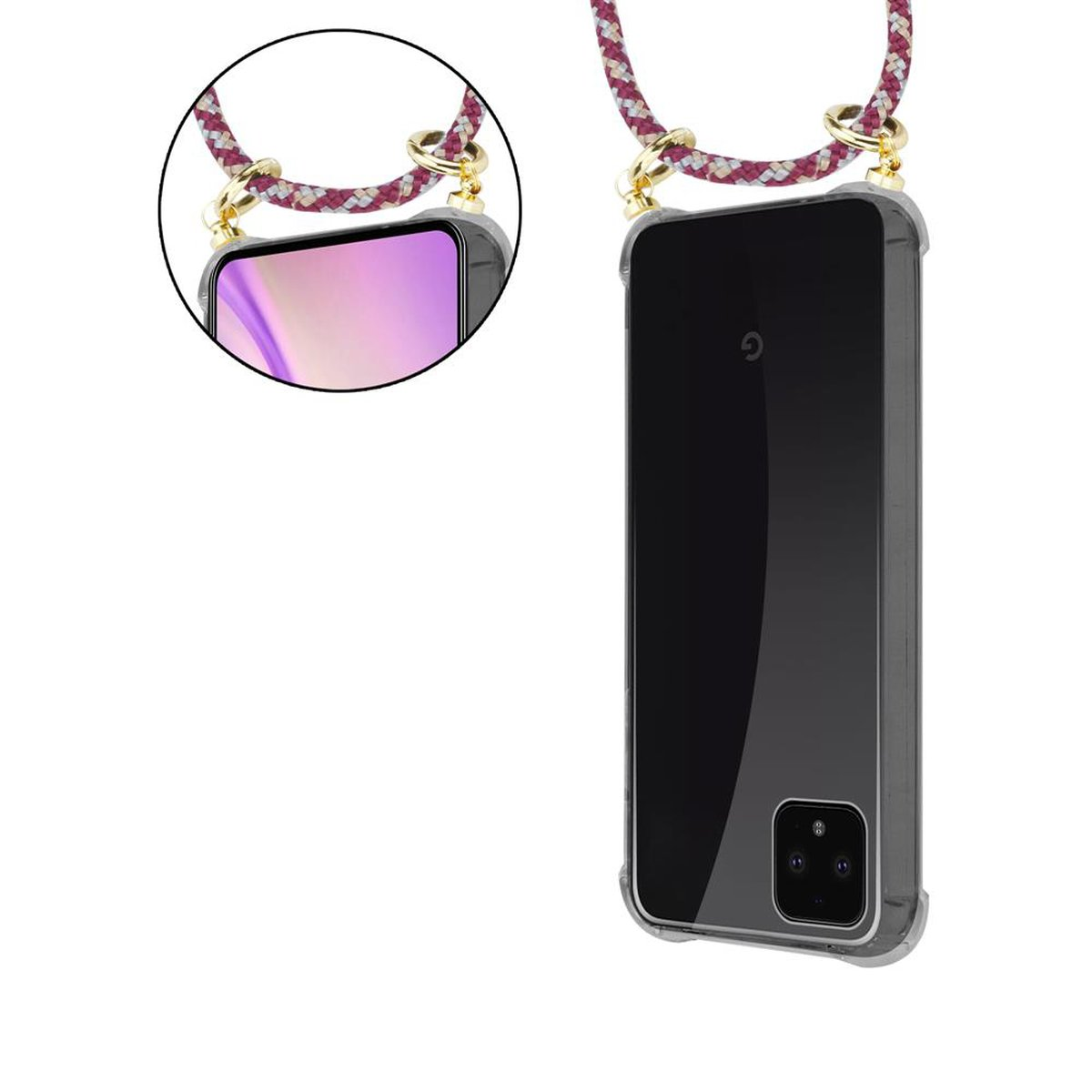 Telefon in transparenter Hülle mit Schlüsselband. Google-Telefon in klarer Hülle mit lila-goldenem Schlüsselband.