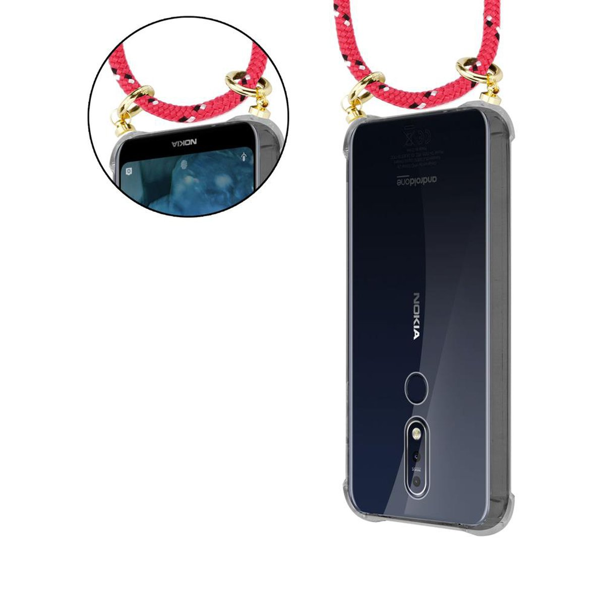 Zwei Telefone mit rot-weißen Bändern. Ein Telefonbildschirm ist an, der andere aus.