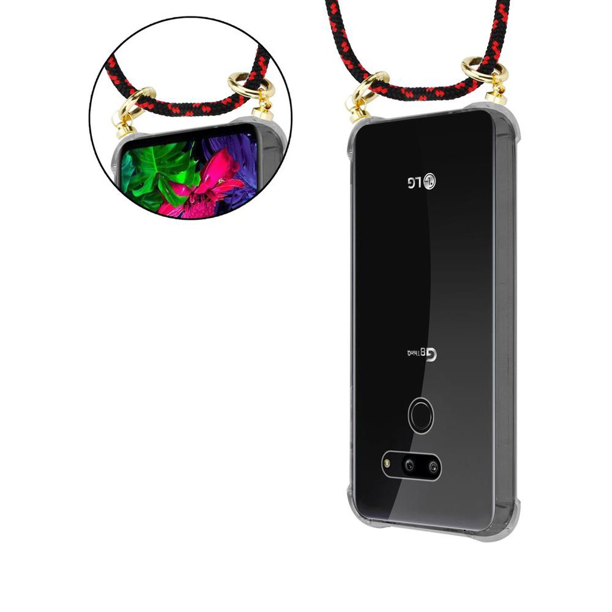 Ein Telefon in einer Hülle mit einem Lanyard. Der Bildschirm zeigt eine Blume.