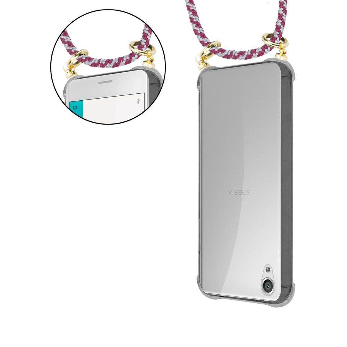 WEIß Backcover, CADORABO X, Hülle, ROT und Kordel Band Handy Sony, abnehmbarer mit Xperia Gold Kette Ringen,