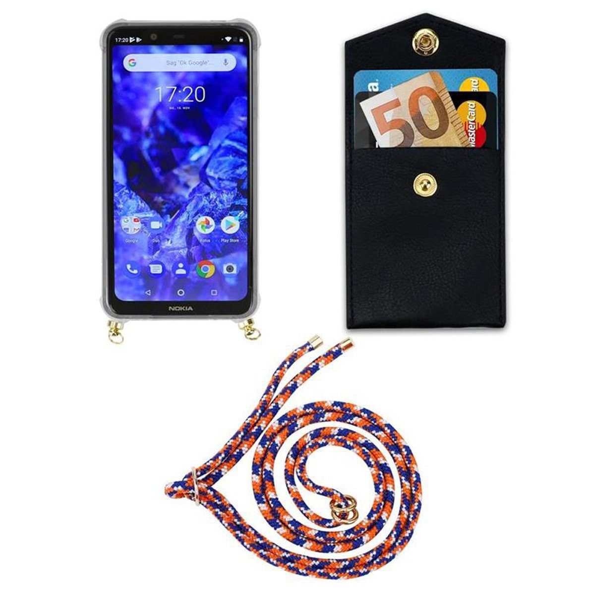 CADORABO Handy Kette mit WEIß Nokia, Hülle, Kordel Gold ORANGE Ringen, X5, Band und Backcover, abnehmbarer / BLAU PLUS 5.1