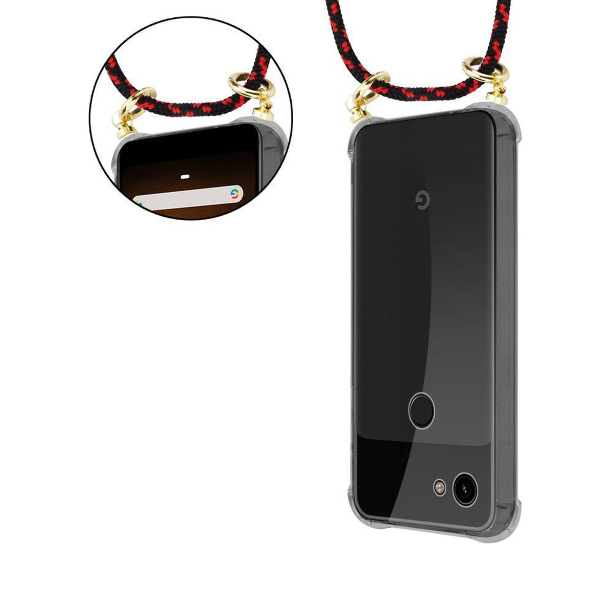 Pixel-Telefon in einer transparenten Hülle mit einem rot-schwarzen Lanyard. Vor- und Rückseite sichtbar.