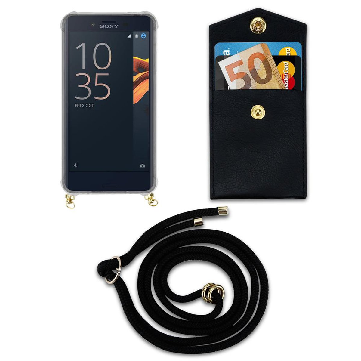 CADORABO Kordel Handy Gold und Ringen, Sony, abnehmbarer Hülle, Xperia Band X COMPACT, SCHWARZ mit Backcover, Kette