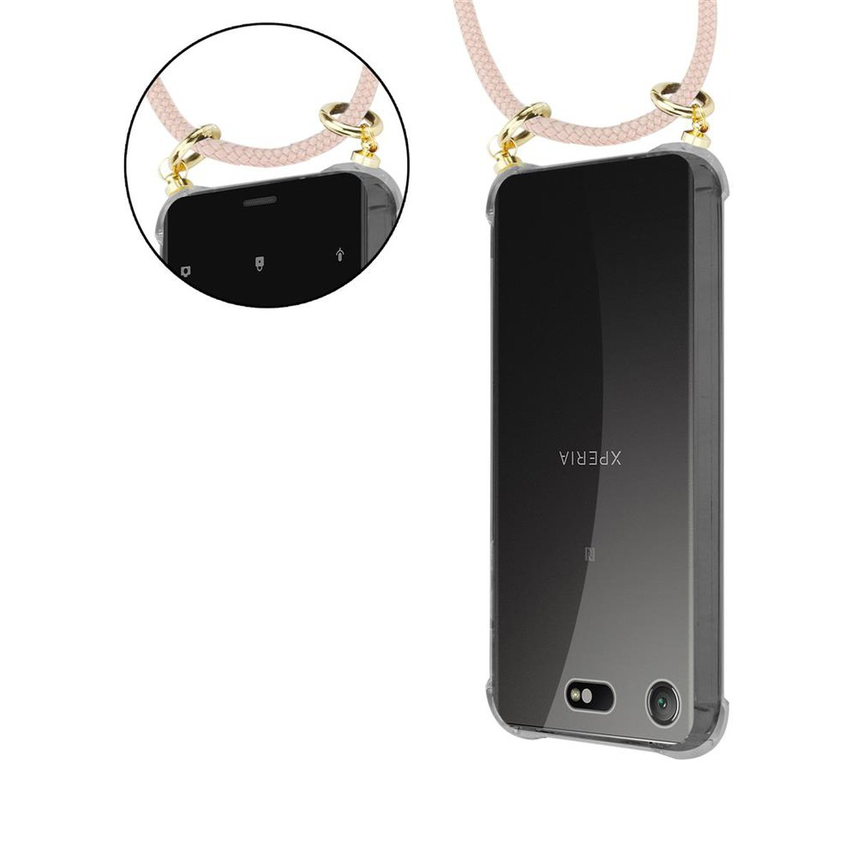 PERLIG Xperia Kette mit Sony, Gold Kordel und abnehmbarer Band Ringen, COMPACT, ROSÉGOLD Backcover, Hülle, XZ1 Handy CADORABO