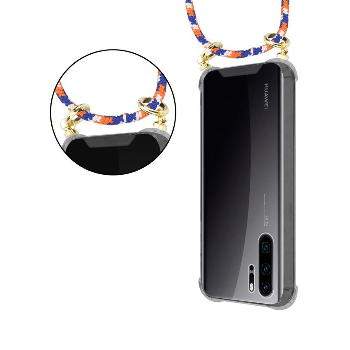 Custodia trasparente con cinturino blu-arancione. Il telefono ha il retro trasparente. Telefono Huawei.