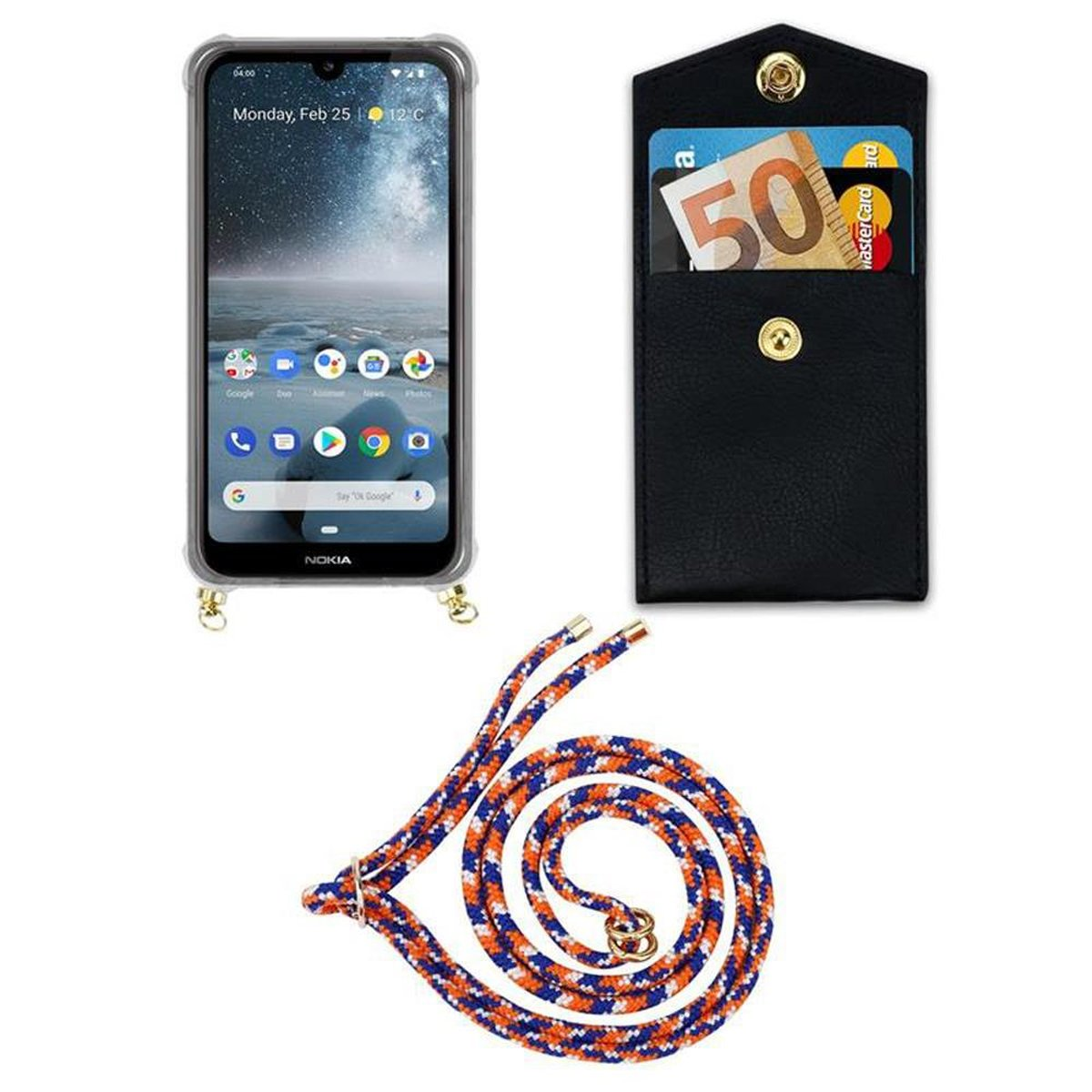 CADORABO Handy abnehmbarer Nokia, Backcover, BLAU Band Gold und Ringen, 4.2, mit ORANGE Hülle, Kordel WEIß Kette