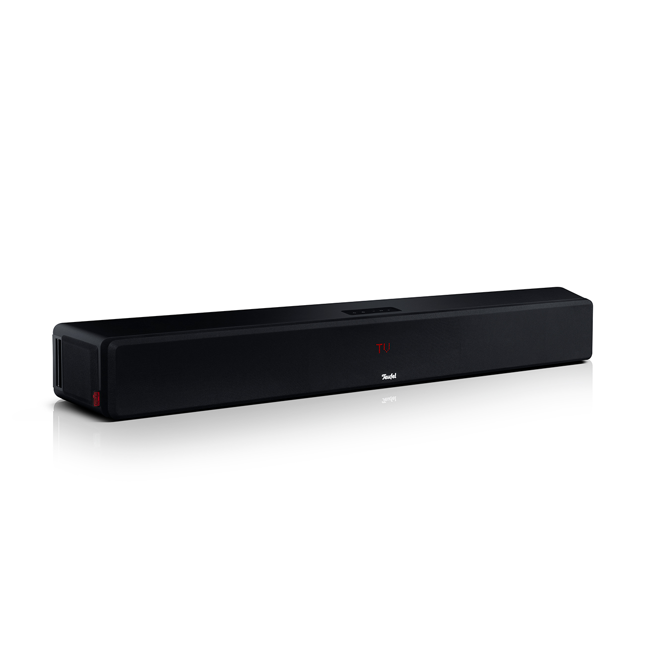 Barre de son noire sur fond blanc. Elle porte le logo Teufel et l'inscription TV.
