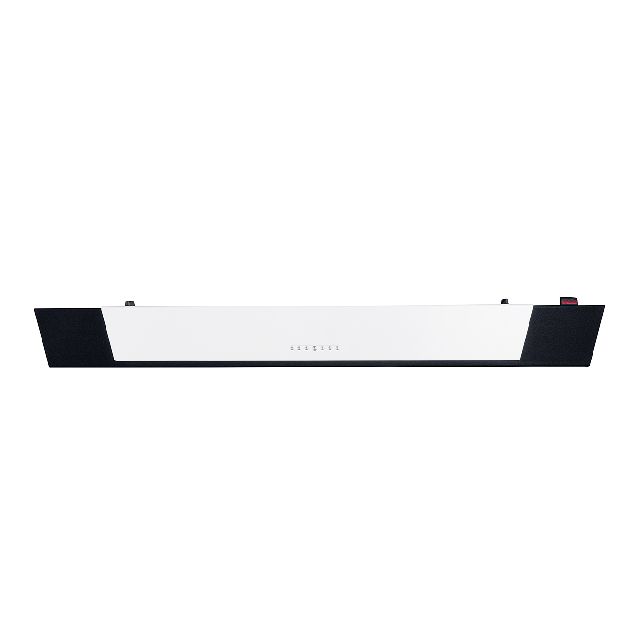 Weiß-schwarze Soundbar. Es hat eine lange, rechteckige Form mit Knöpfen an der Seite.