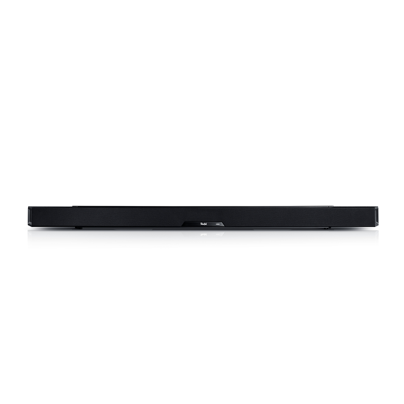 Schwarze Soundbar auf weißem Hintergrund. Es ist ein langes, rechteckiges Gerät mit dem Markennamen Teufel.