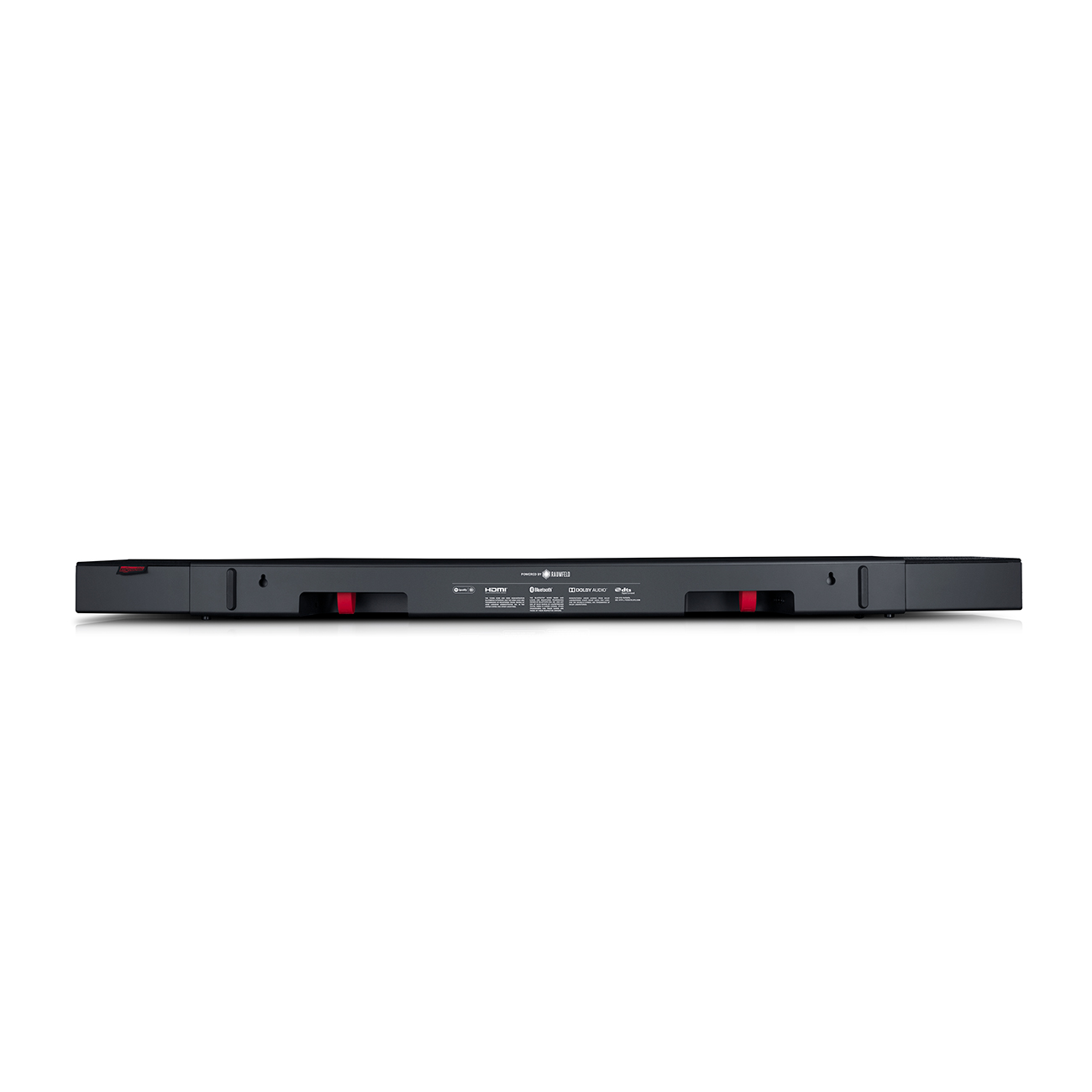 Eine schwarze Soundbar. Auf der Rückseite befinden sich mehrere Anschlüsse und Tasten.