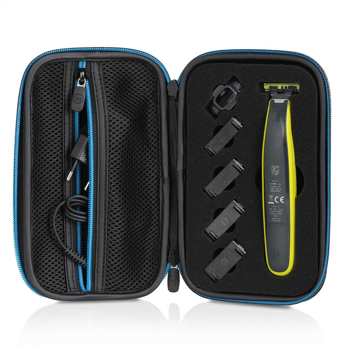 Offener schwarzer Reisekoffer mit Reißverschluss. Innen: Philips OneBlade, Ladekabel und Zubehör.