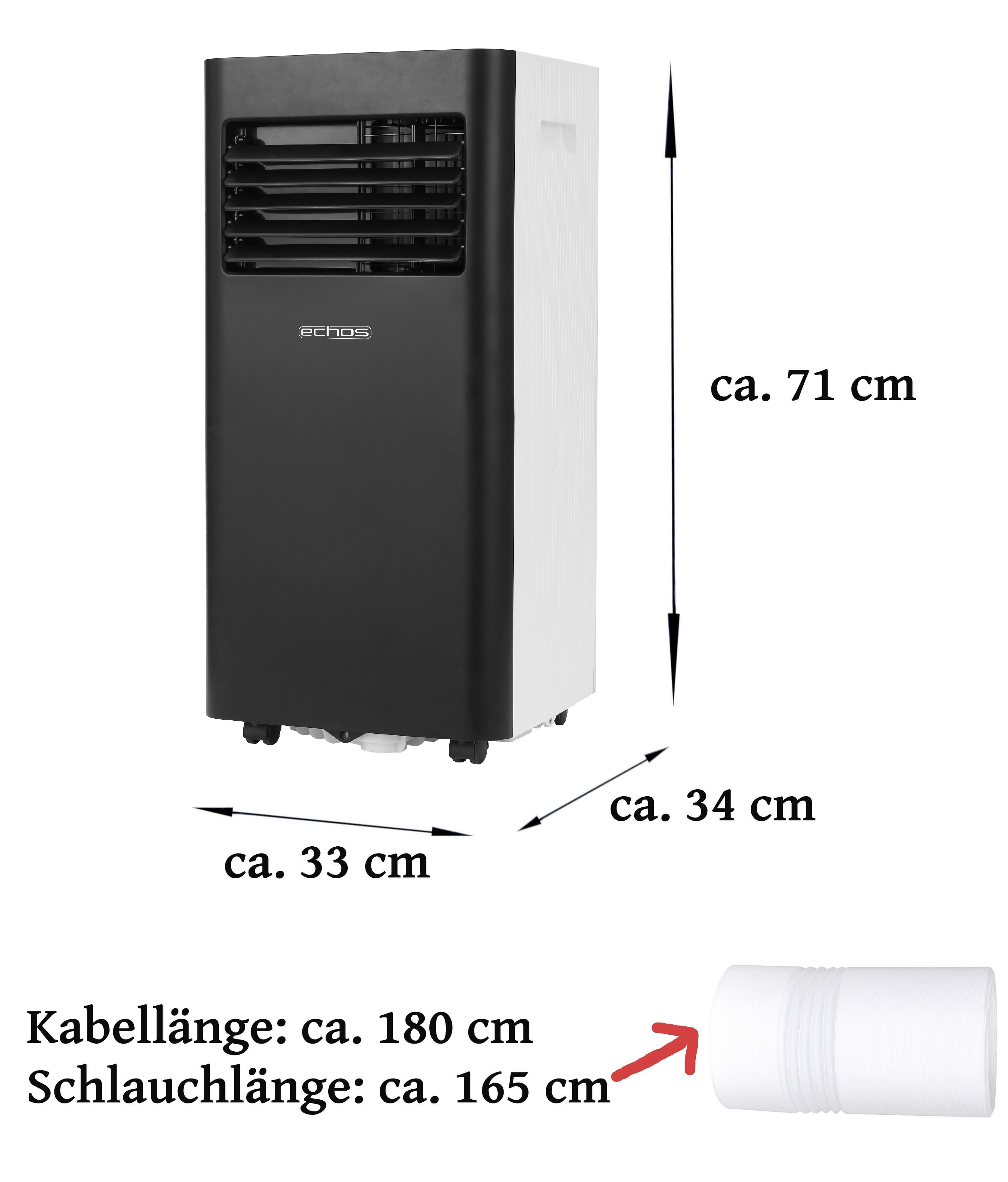 Schwarz-weiß tragbarer Luftkühler. Maße: 71cm hoch, 33cm breit, 34cm tief. Weißer Hintergrund.