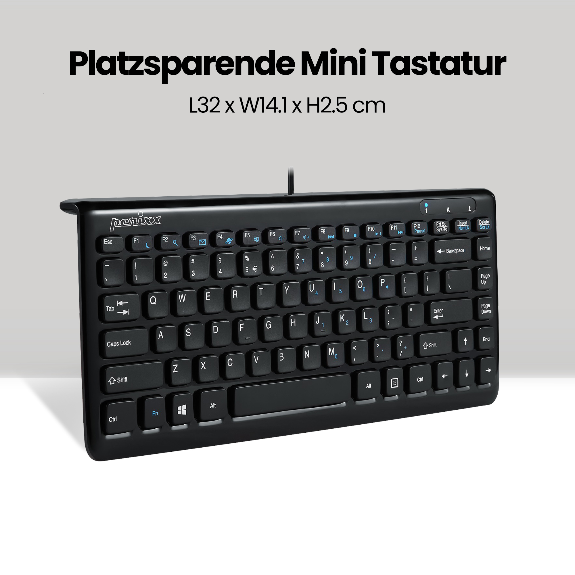 Mini tastiera nera con tasti, con tasti funzione, numeri e lettere, su sfondo bianco.
