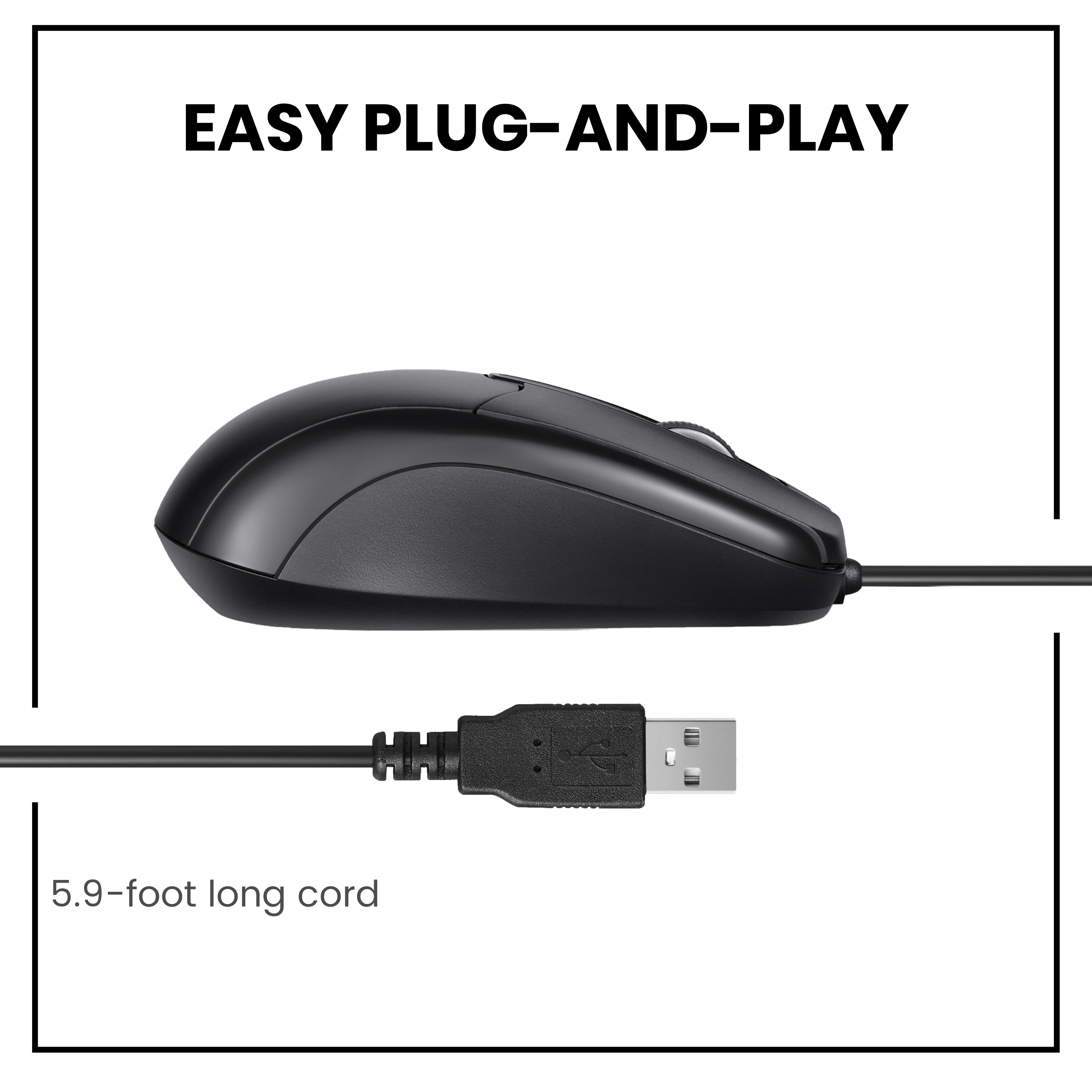 Schwarze Maus mit Kabel und USB-Anschluss. Text lautet "EASY PLUG-AND-PLAY".