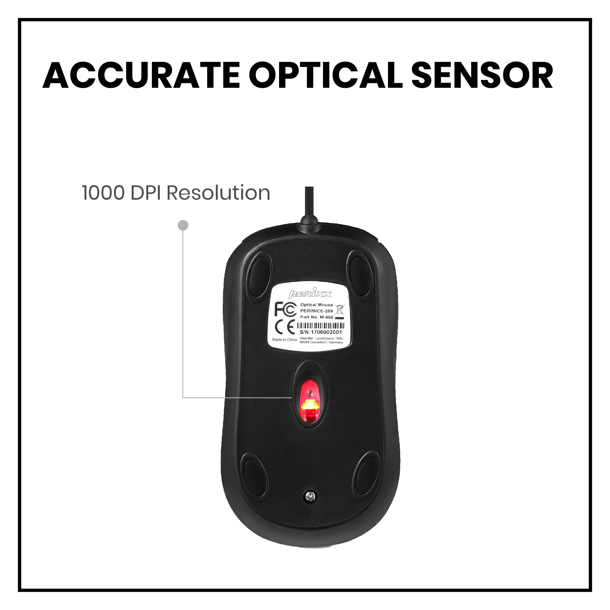 Die Unterseite einer schwarzen Maus wird gezeigt. Ein rotes Licht leuchtet. Der Text lautet: 'ACCURATE OPTICAL SENSOR'.